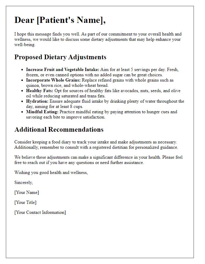 Letter template of wellness-focused dietary adjustments for patients