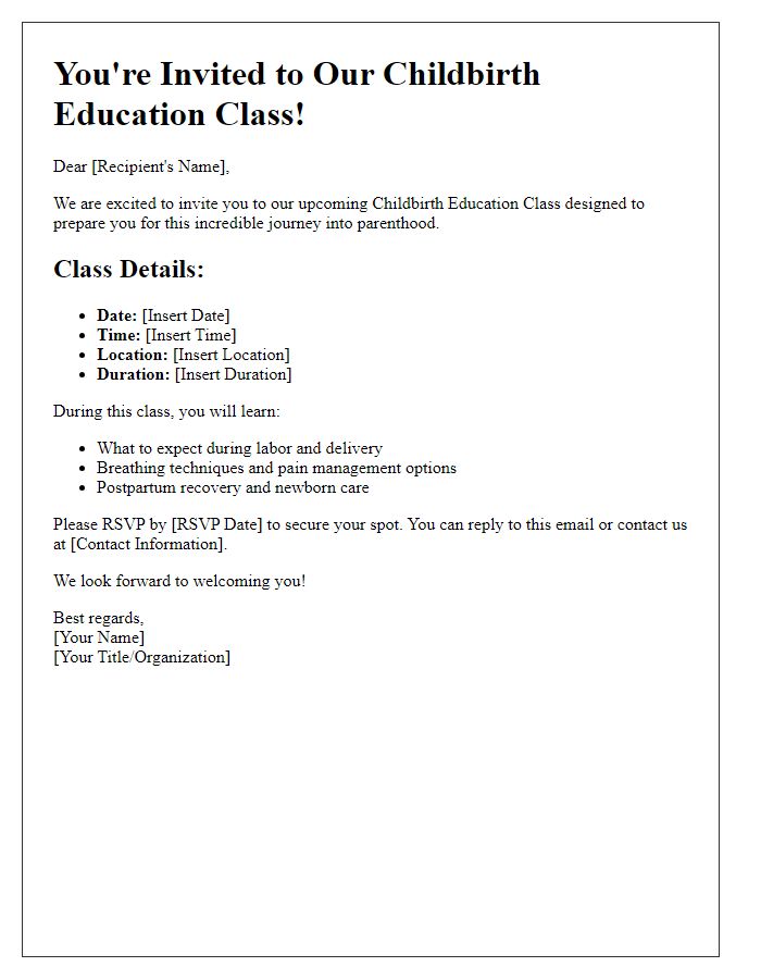 Letter template of childbirth education class invitation