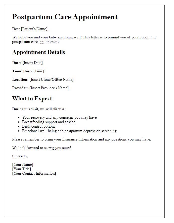 Letter template of postpartum care scheduling