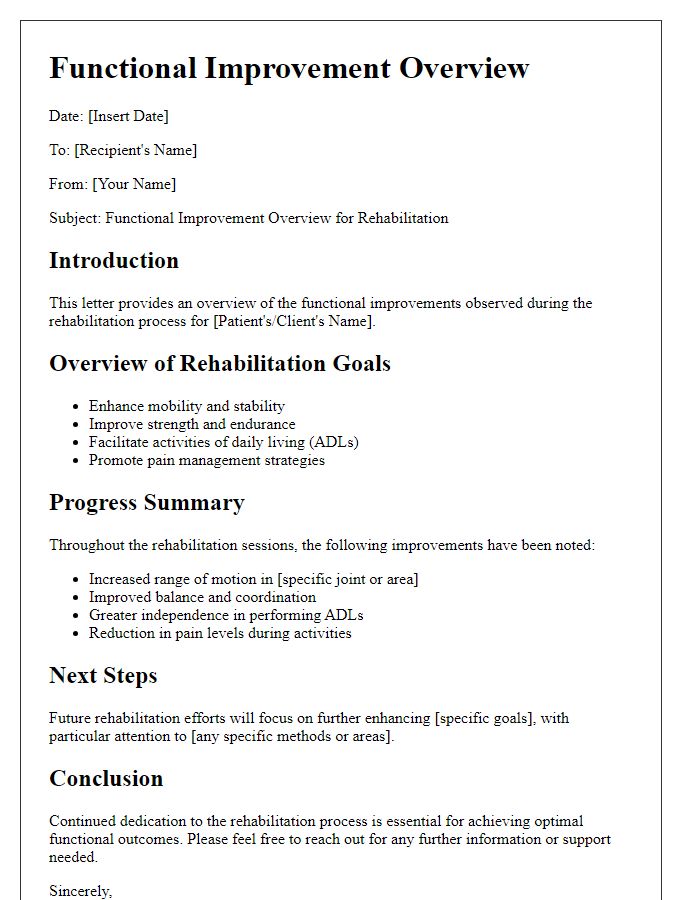 Letter template of functional improvement overview for rehabilitation