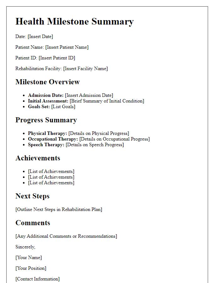 Letter template of health milestone summary for rehabilitation