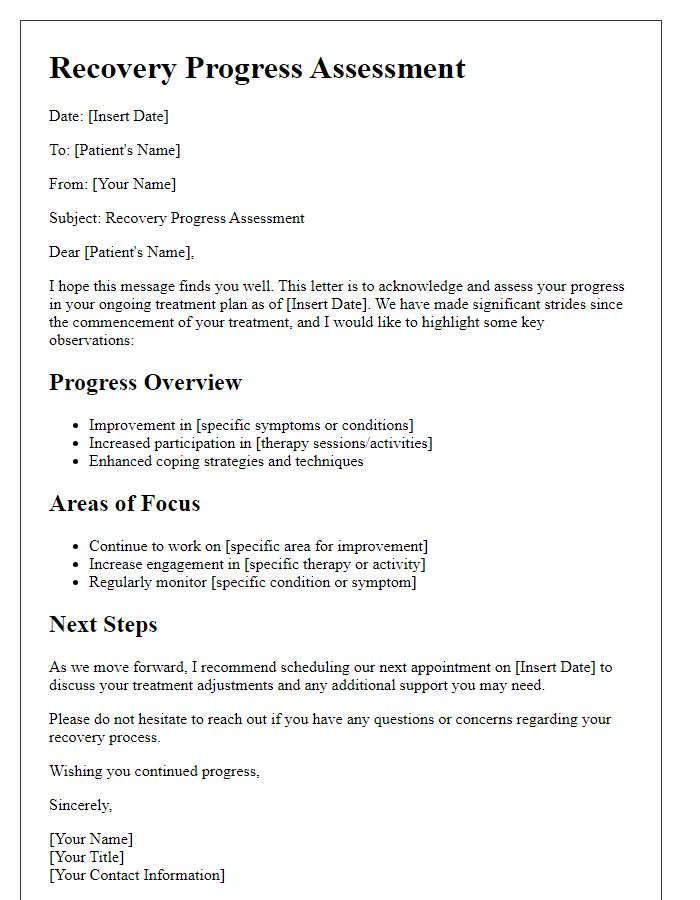 Letter template of recovery progress assessment for ongoing treatment