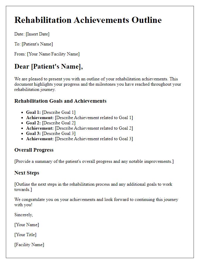 Letter template of rehabilitation achievements outline for patient