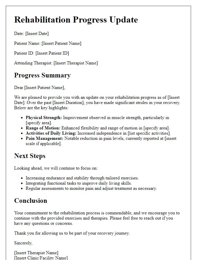 Letter template of rehabilitation progress update for patient recovery