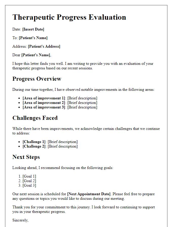 Letter template of therapeutic progress evaluation for patient