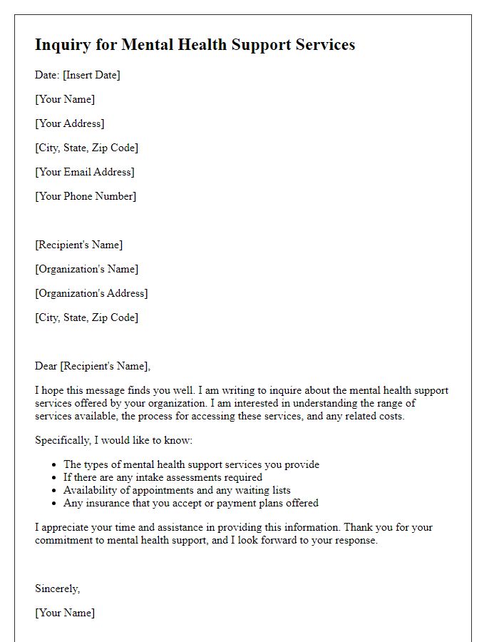 Letter template of inquiry for mental health support services.