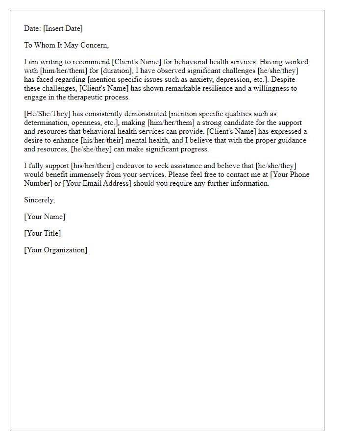 Letter template of recommendation for behavioral health services.