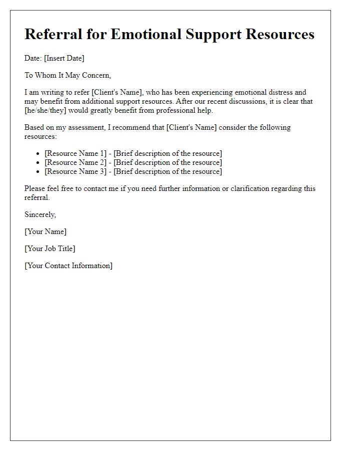 Letter template of referral for emotional support resources.