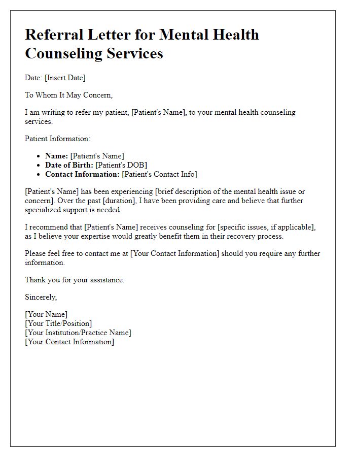 Letter template of referral for mental health counseling services.