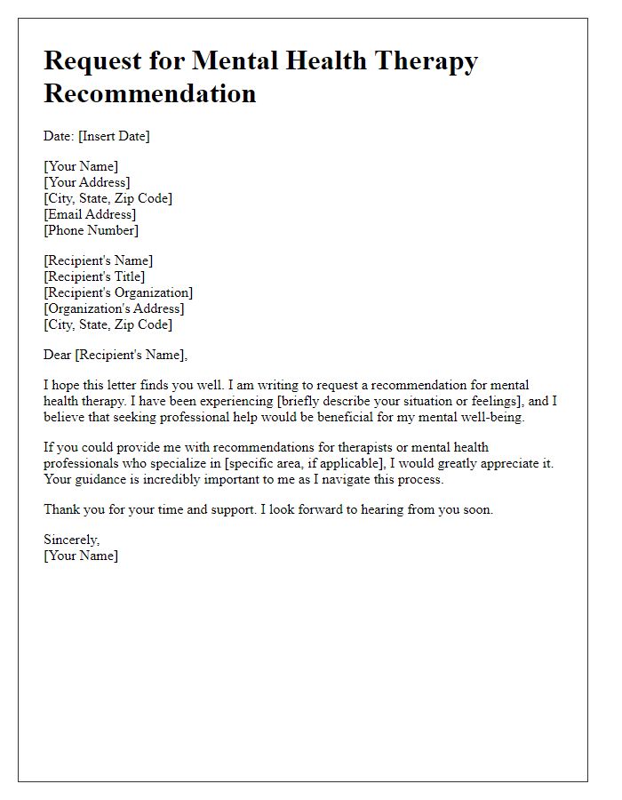 Letter template of request for mental health therapy recommendation.