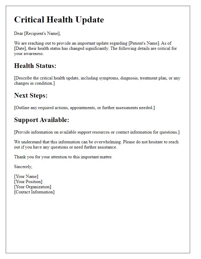 Letter template of critical health update communication