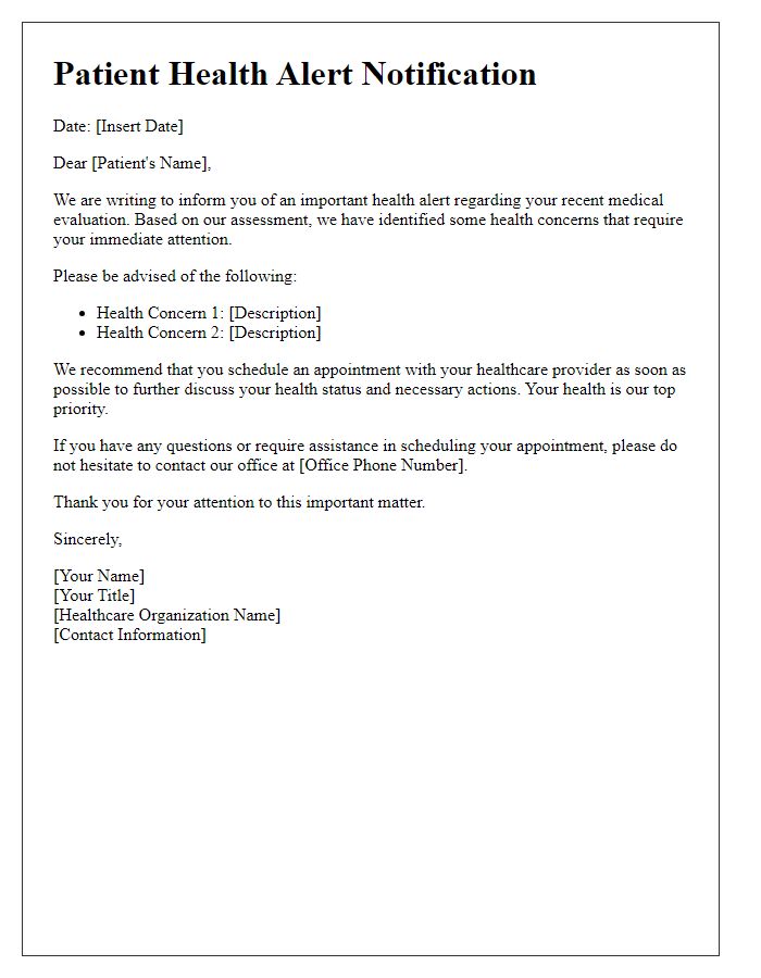 Letter template of patient health alert notification