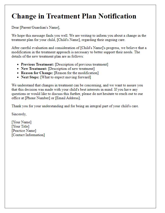 Letter template of pediatric care change in treatment plan