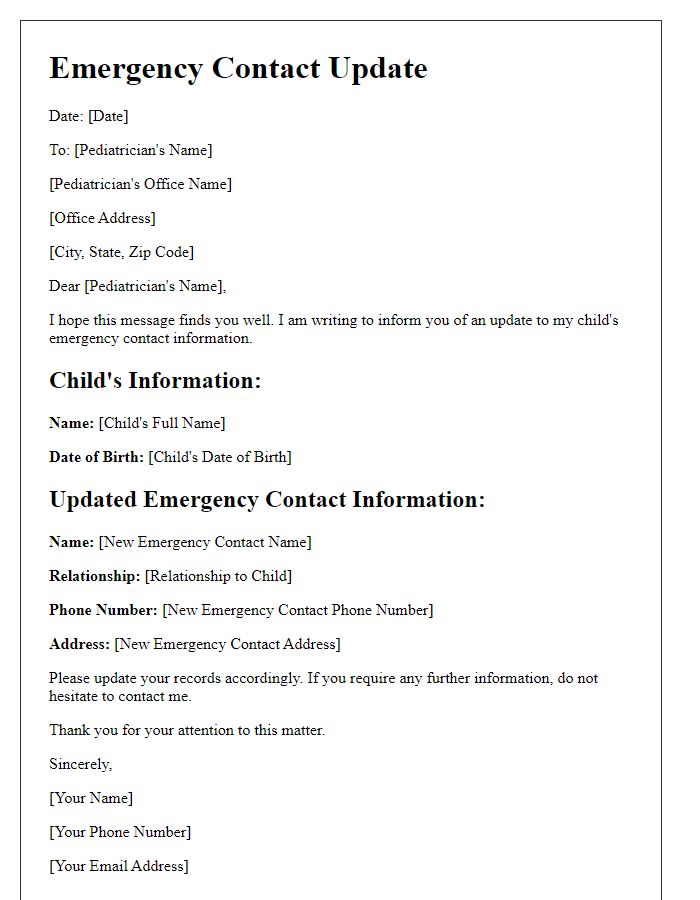 Letter template of pediatric care emergency contact update