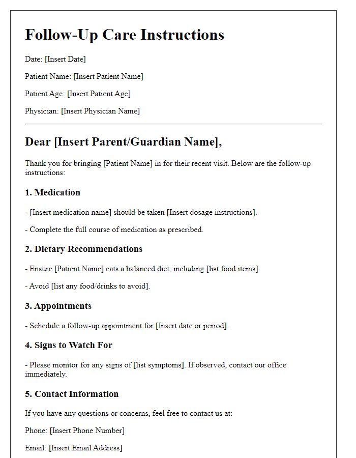 Letter template of pediatric care follow-up instructions