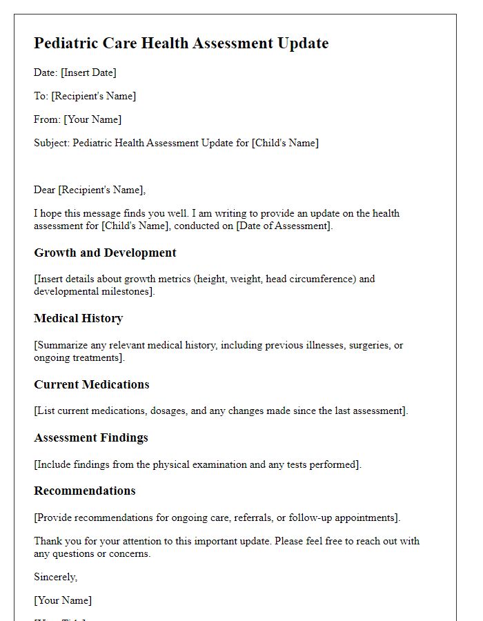 Letter template of pediatric care health assessment update