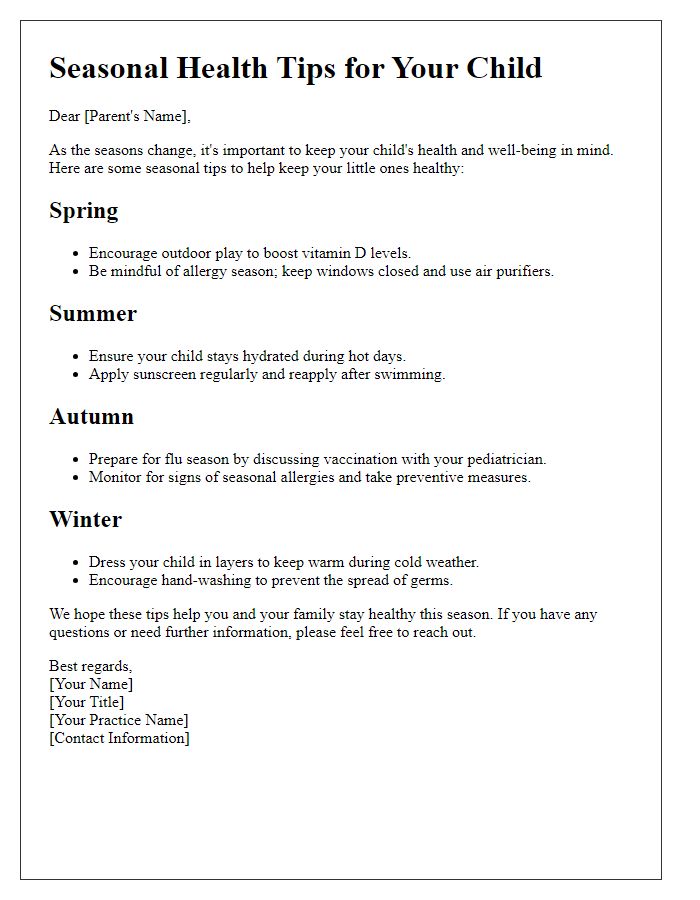 Letter template of pediatric care seasonal health tips