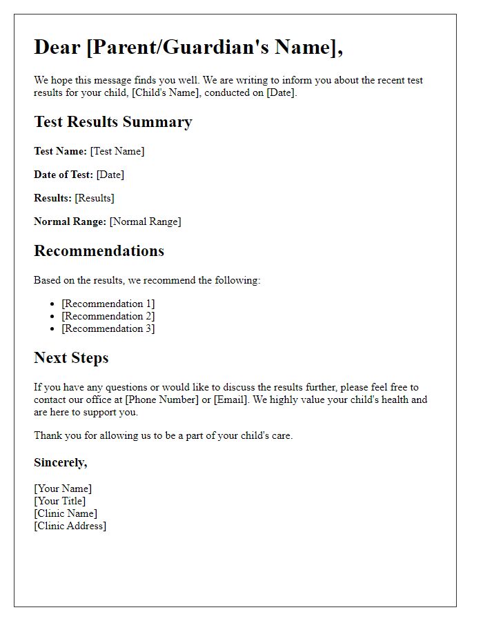 Letter template of pediatric care test results communication