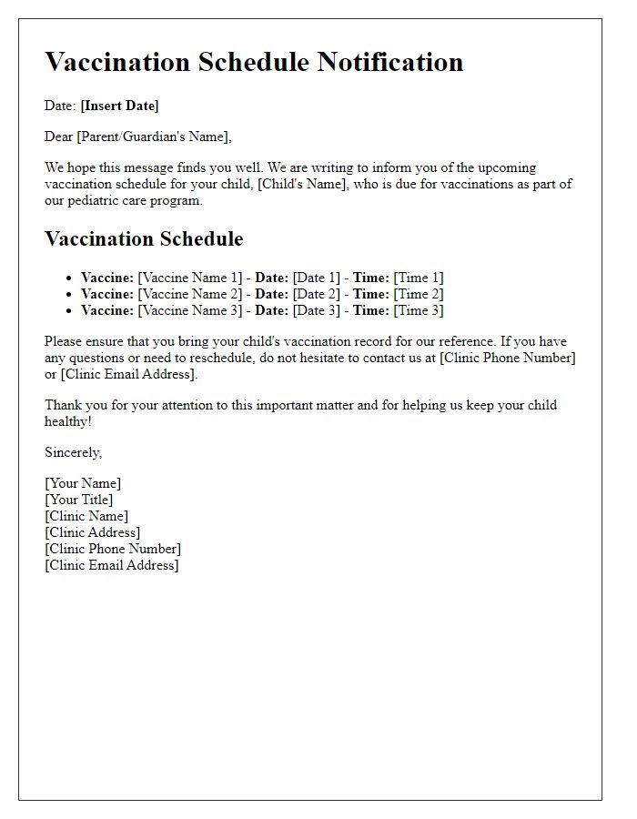 Letter template of pediatric care vaccination schedule notification