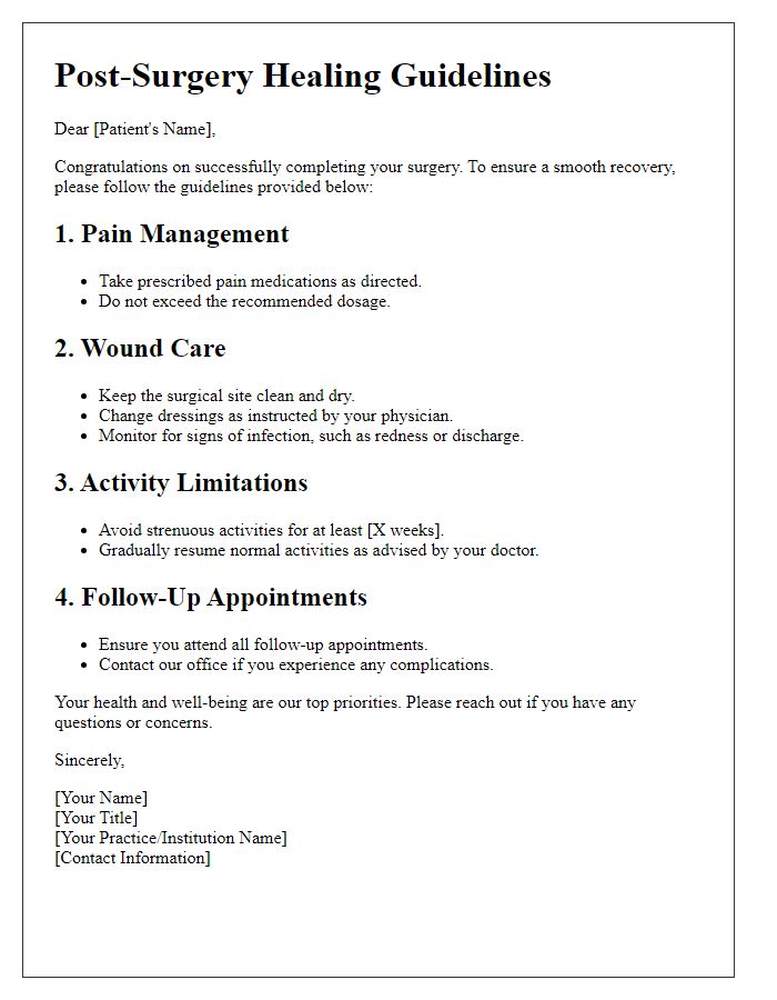 Letter template of guidelines for post-surgery healing