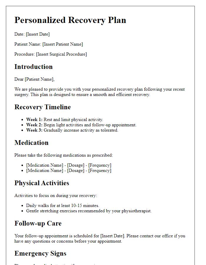 Letter template of personalized recovery plan after surgery