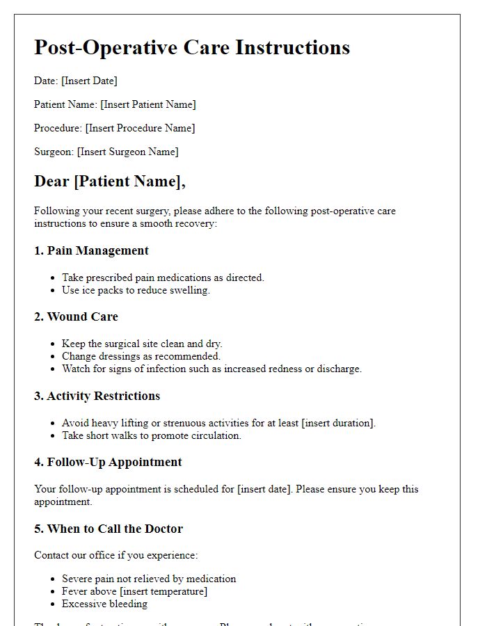 Letter template of post-operative care instructions