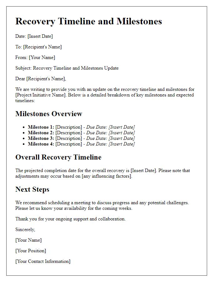 Letter template of recovery timeline and milestones