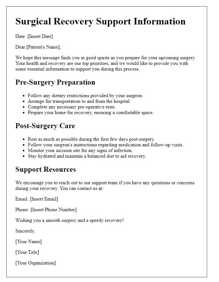 Letter template of surgical recovery support information