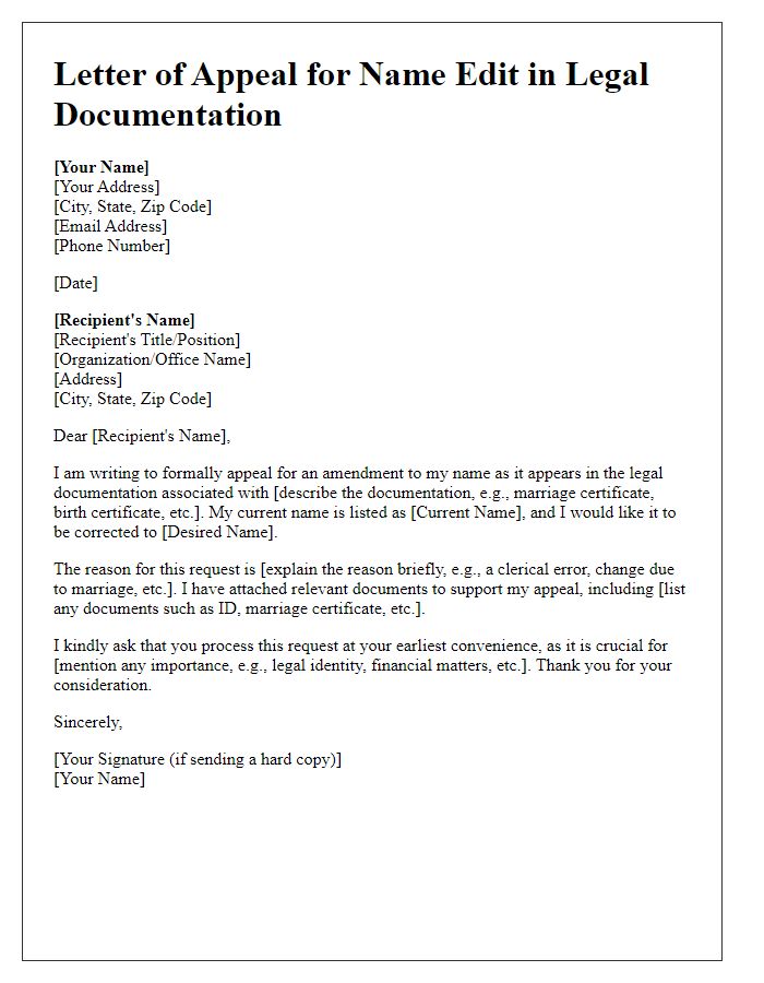 Letter template of appeal for name edit in legal documentation