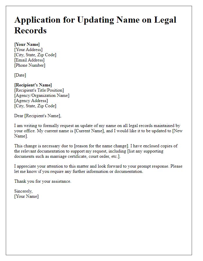 Letter template of application for updating name on legal records