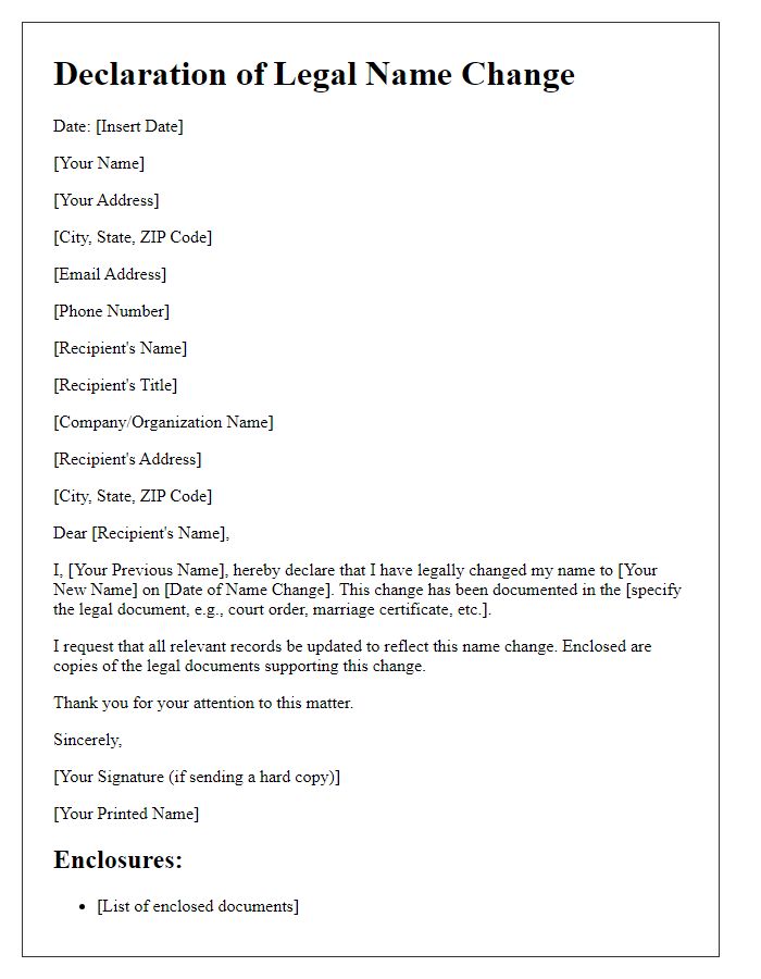 Letter template of declaration for legal name change in records