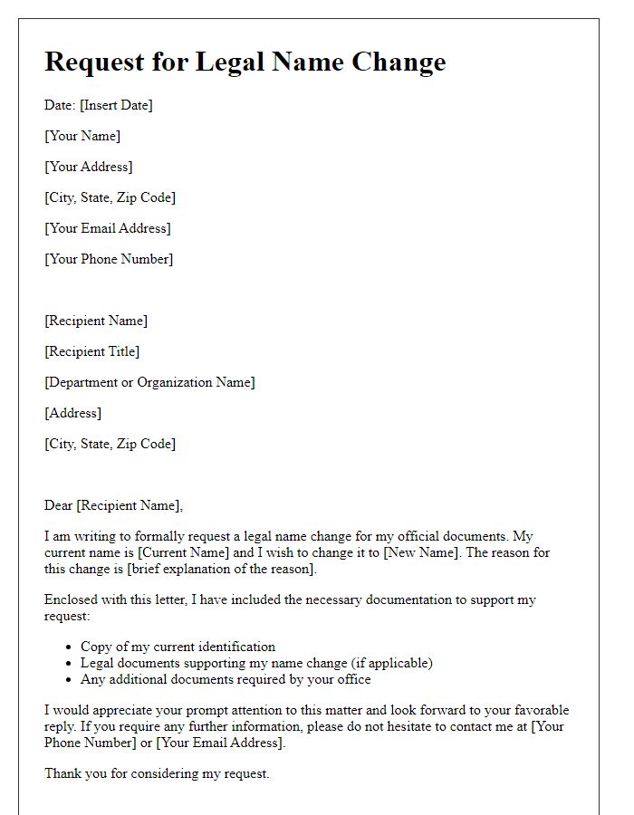 Letter template of request for legal name change in official documents