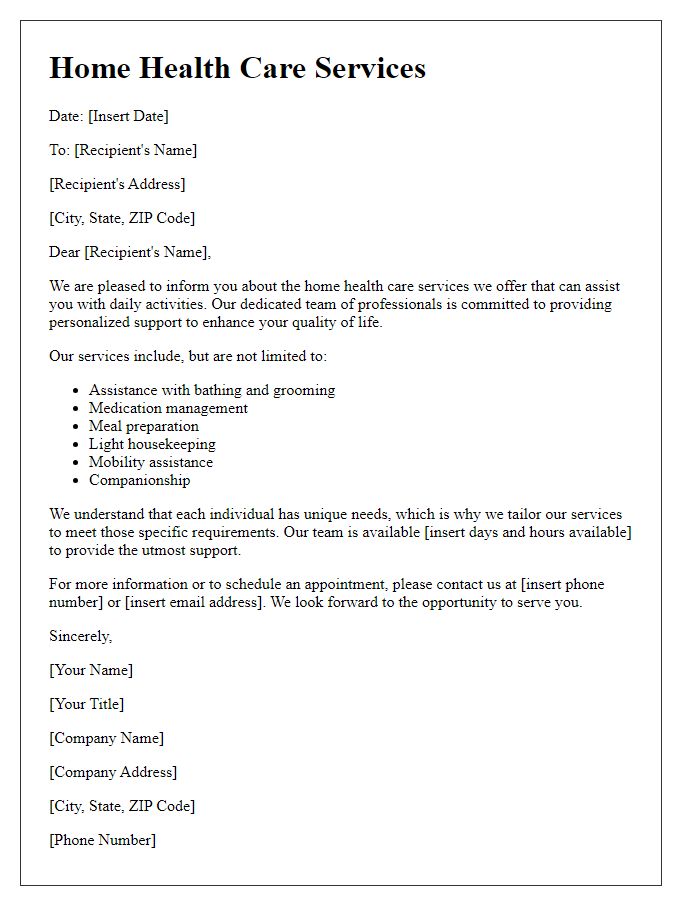 Letter template of home health care services for assistance with daily activities.