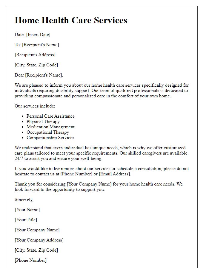 Letter template of home health care services for disability support.