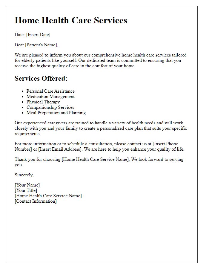 Letter template of home health care services for elderly patients.