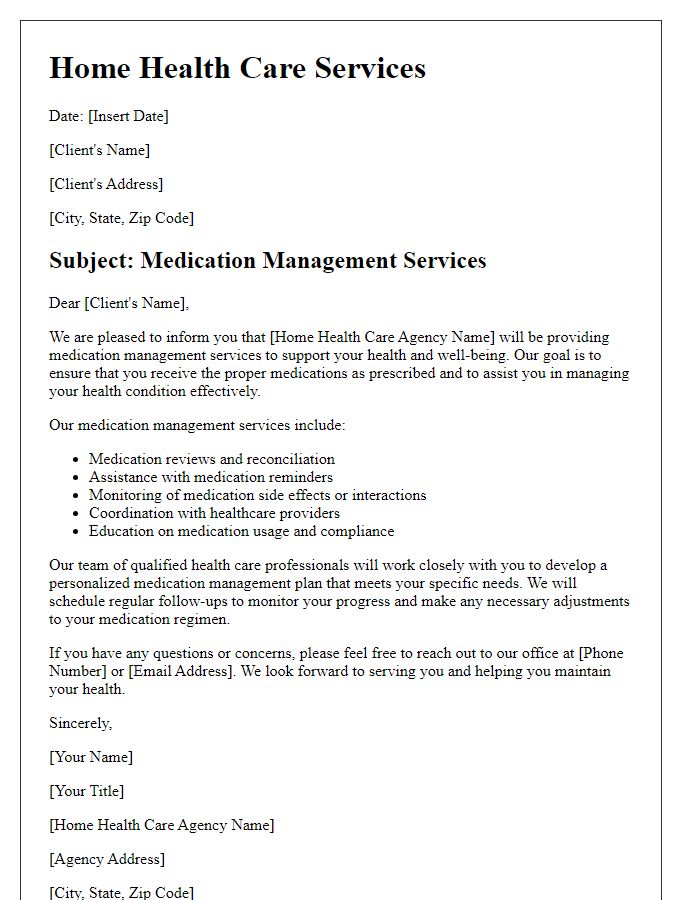 Letter template of home health care services for medication management.