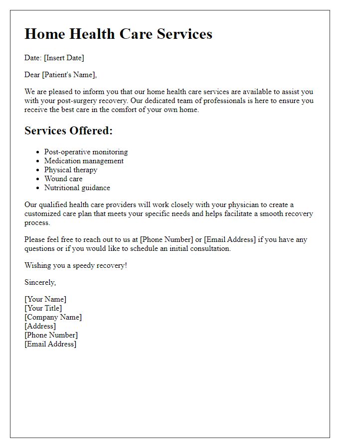 Letter template of home health care services for post-surgery recovery.