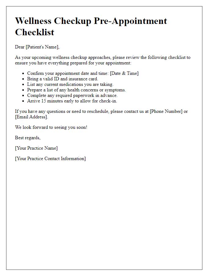 Letter template of wellness checkup pre-appointment checklist