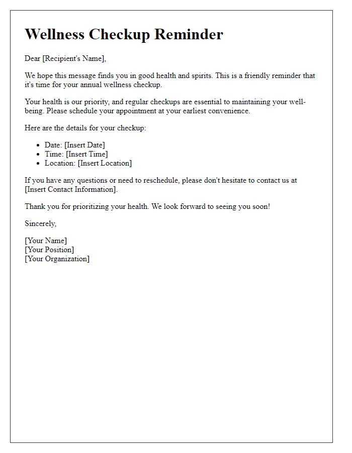 Letter template of wellness checkup reminder