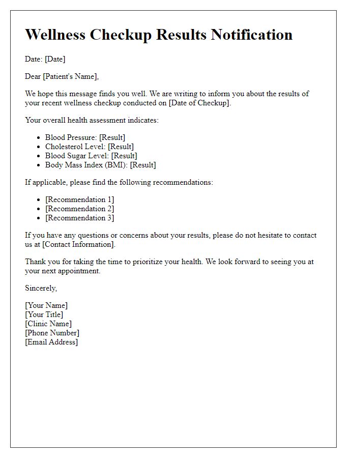 Letter template of wellness checkup results notification