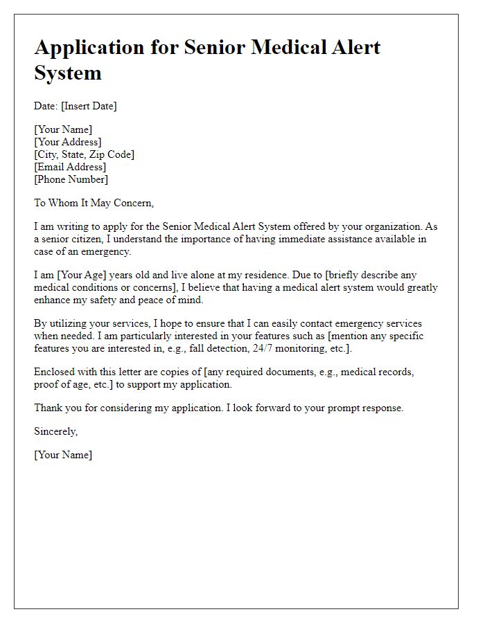 Letter template of application for senior medical alert system