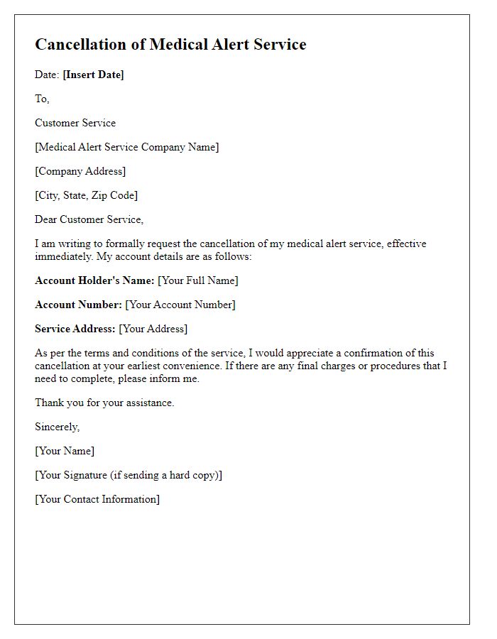 Letter template of cancellation for medical alert service