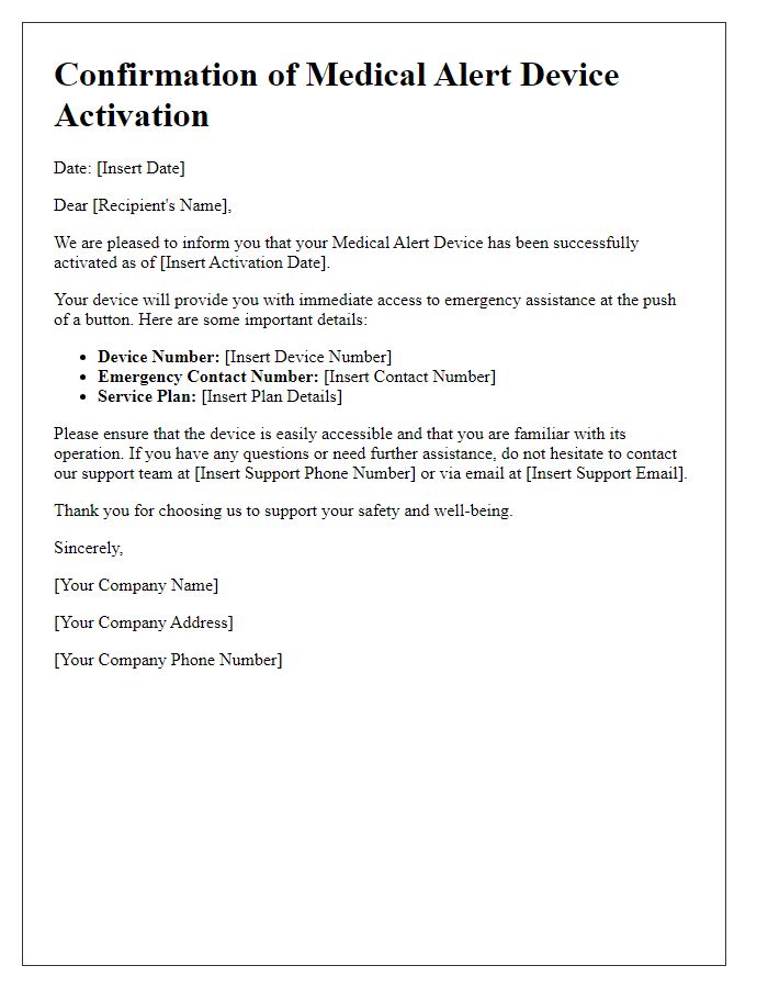 Letter template of confirmation for medical alert device activation