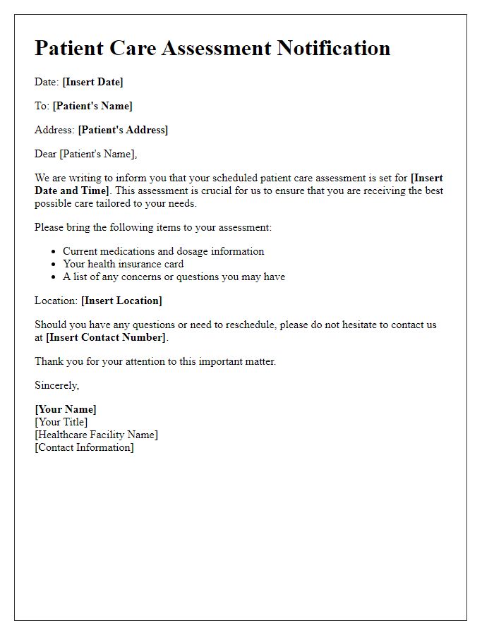 Letter template of patient care assessment notification