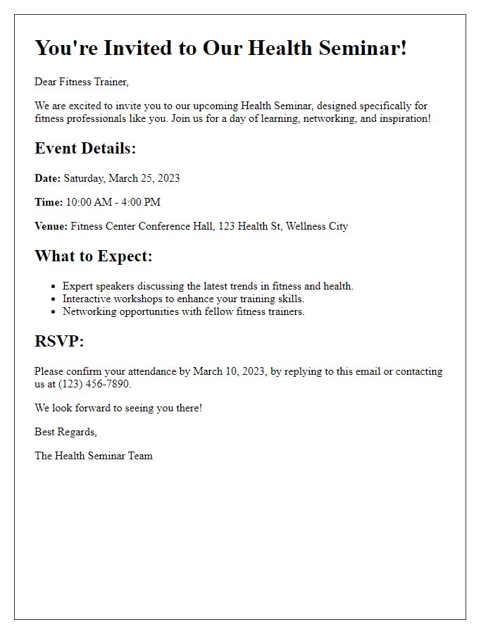 Letter template of health seminar invitation for fitness trainers.