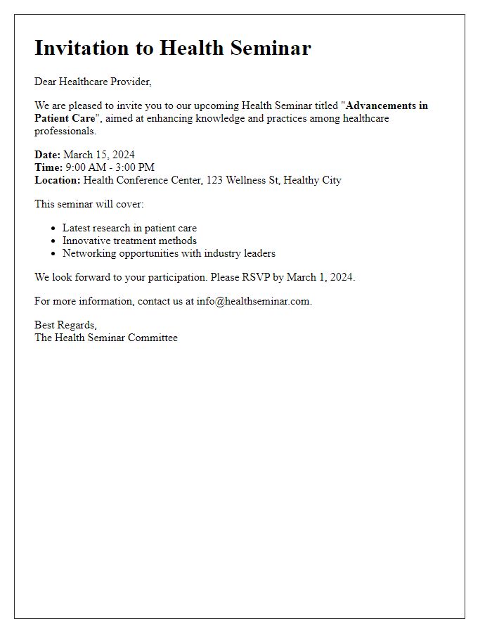 Letter template of health seminar invitation for healthcare providers.