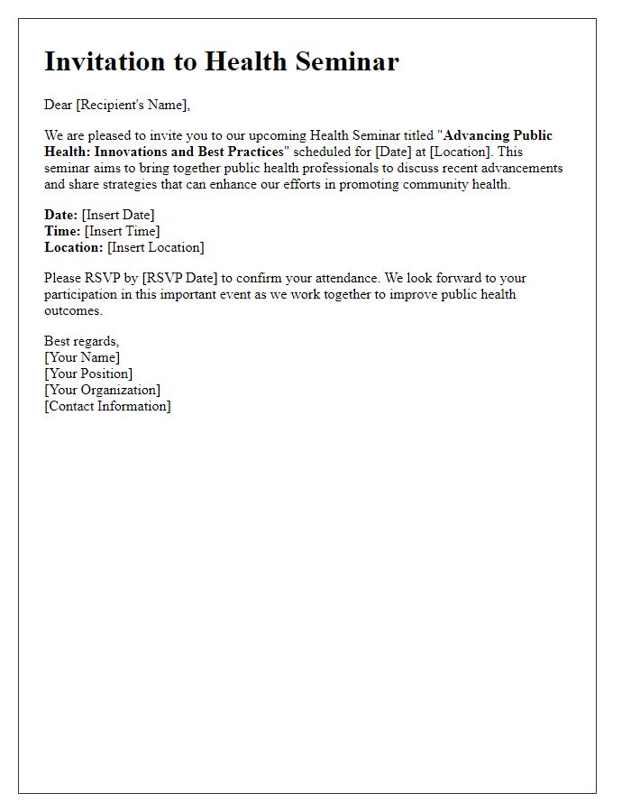 Letter template of health seminar invitation for public health professionals.