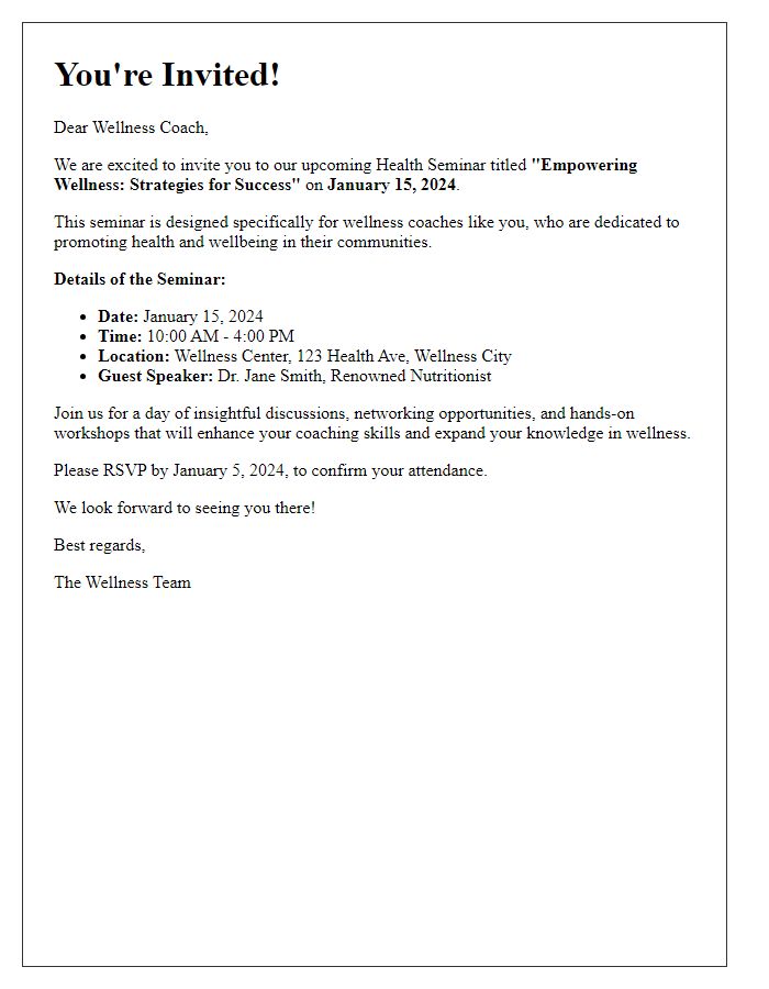 Letter template of health seminar invitation for wellness coaches.