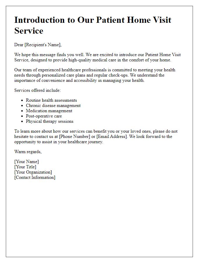 Letter template of patient home visit service introduction