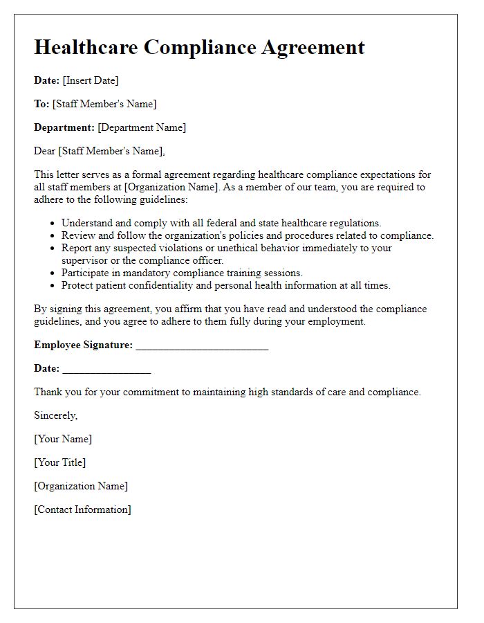 Letter template of healthcare compliance agreement for staff members